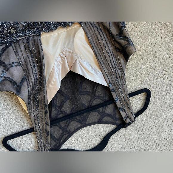 SUE WONG Black & nude beaded, sequin ostrich feather dress - Picture 7 of 9